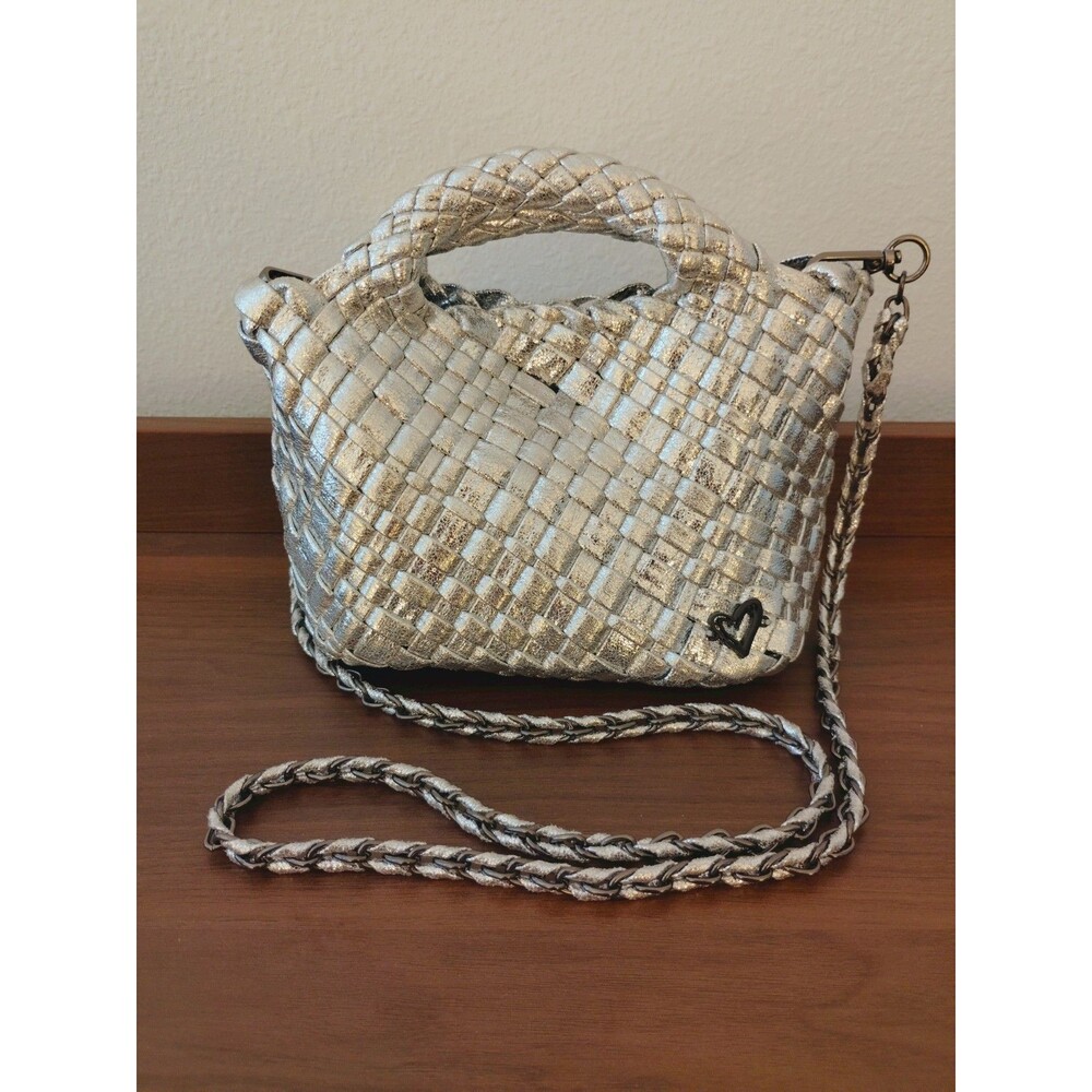 PreneLove Tiny Mini Woven Tote Silver With Heart Accent Crossbody Chain Handmade